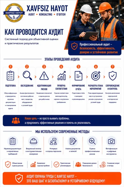 Инфографика: как проводится аудит охраны труда — 7 этапов