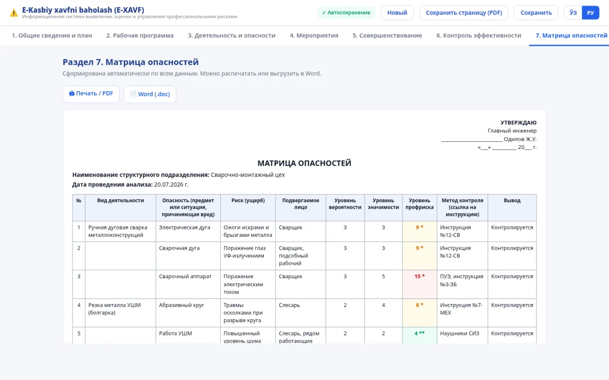 Интерфейс E-XAVF: матрица опасностей с автоматическим расчётом уровня риска