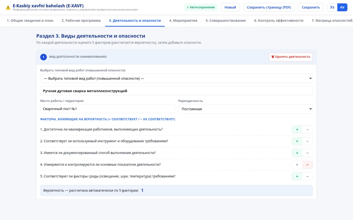E-XAVF: виды деятельности и оценка факторов вероятности